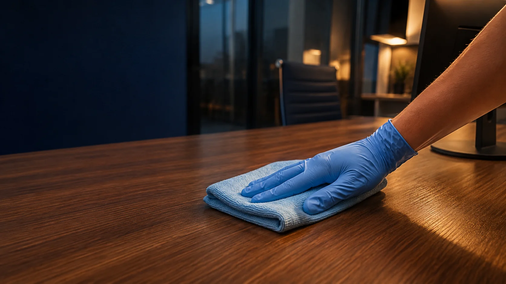 Illustrative close-up of a gloved hand carefully wiping a commercial work surface