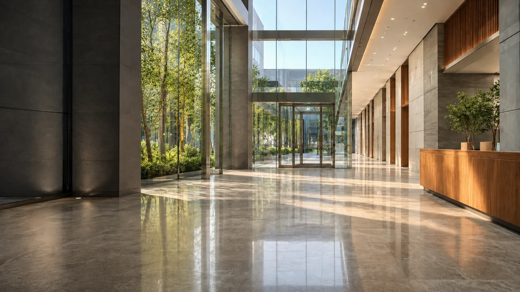 Illustrative morning view of the commercial lobby shown in the opening scene, now ready for the day
